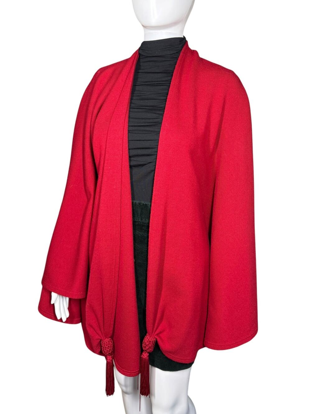 Carlisle Vintage Red Lambswool Shawl Poncho Cardigan Sweater with Tassels O/S